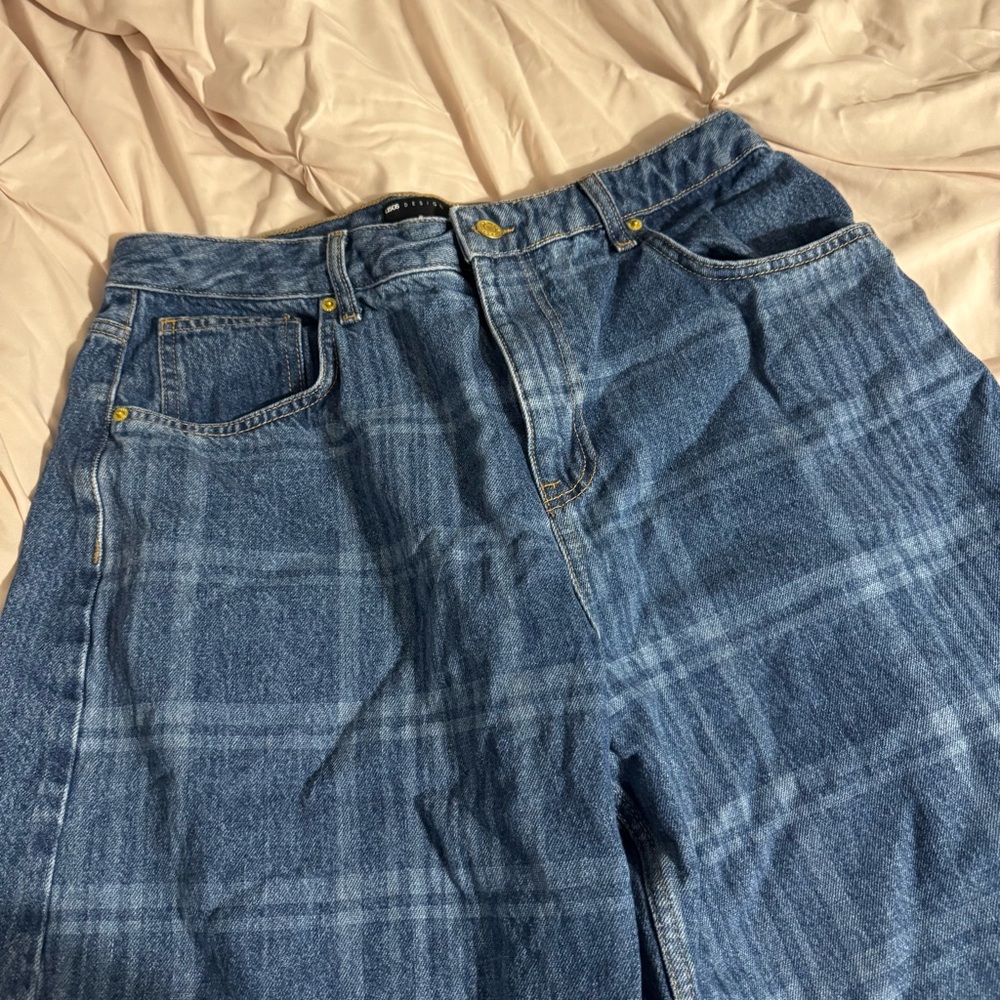 ASOS Blue Plaid Flare & Wide Leg Jeans - Picture 4 of 7